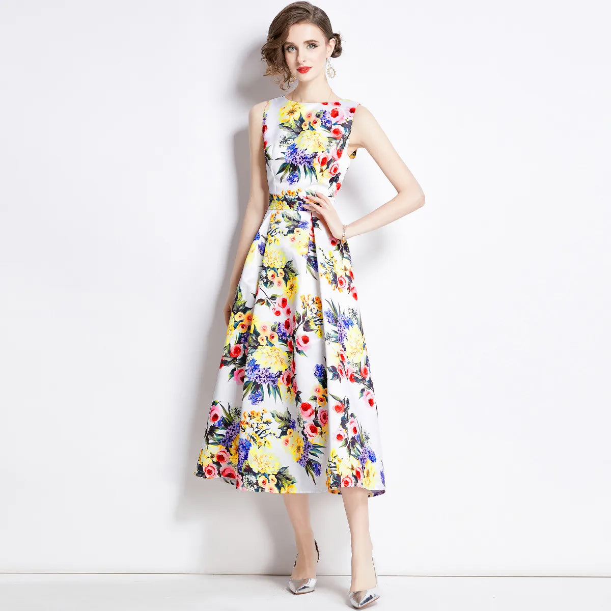 Women Sleeveless Printed Dress – Cinched Waist Summer Party Dress Oak & Aura summer dress Oak & Aura