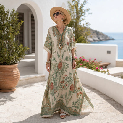 Women’s V Neck Kaftan Maxi Dress – Loose Fit Summer Beach Holiday Dress with Pockets Oak & Aura summer dress Oak & Aura