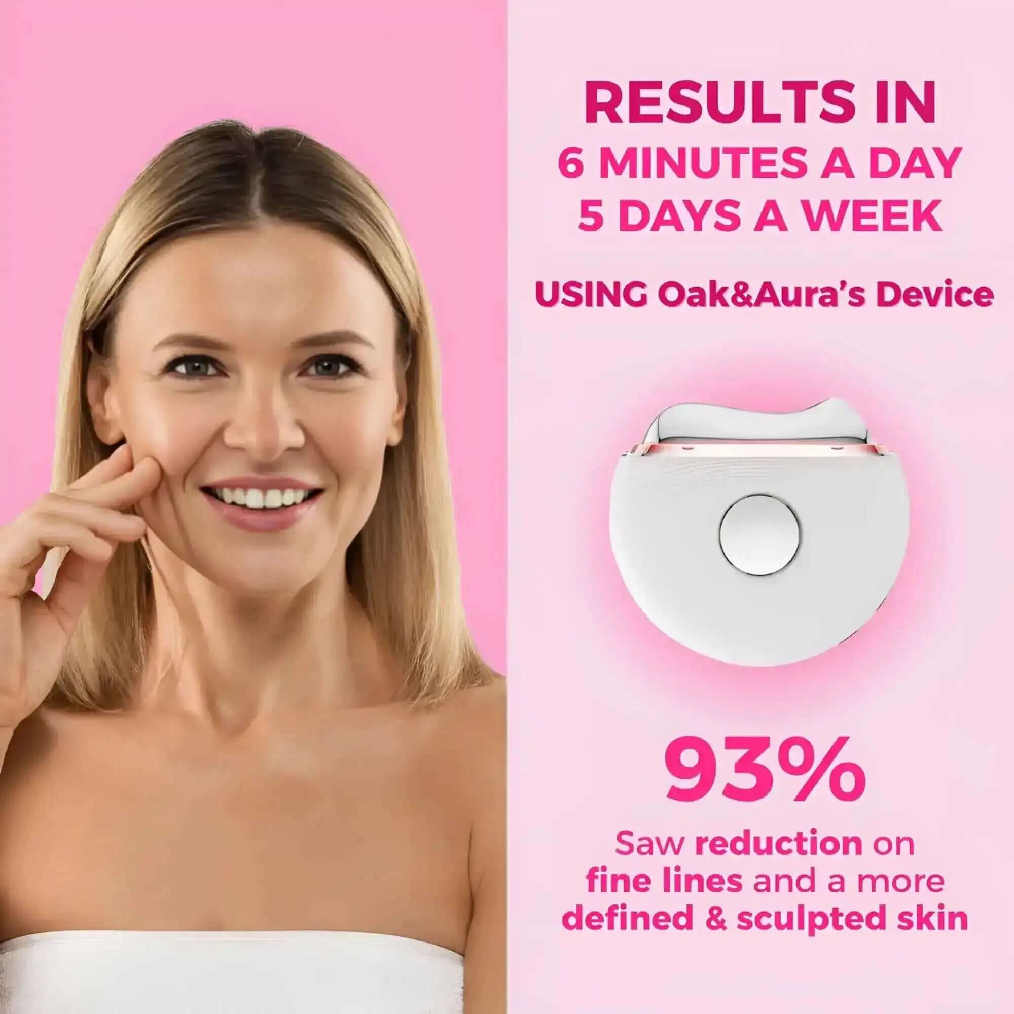 Advertisement for a skin care device with a woman and product image on a pink background