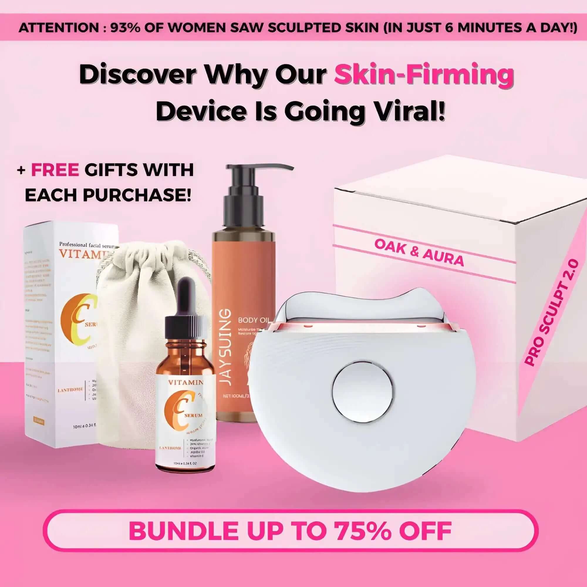 Skincare products and device with promotional text on a pink background