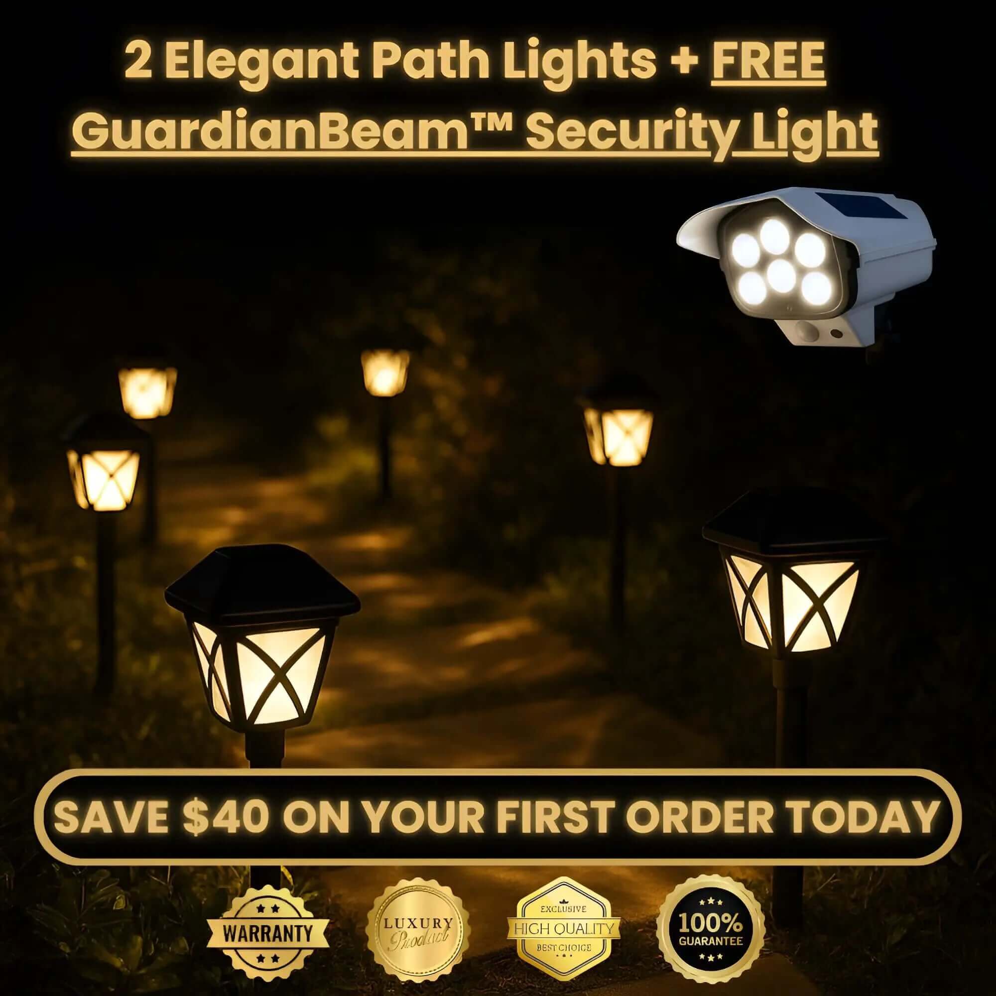 Pathway lights with promotional text and graphics in a dark setting