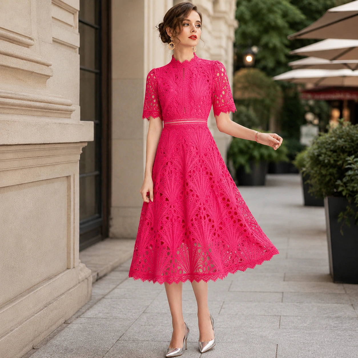 Women Lace Midi Dress – Short Sleeve Summer Wedding Guest Occasion Dress Oak & Aura summer dress Oak & Aura
