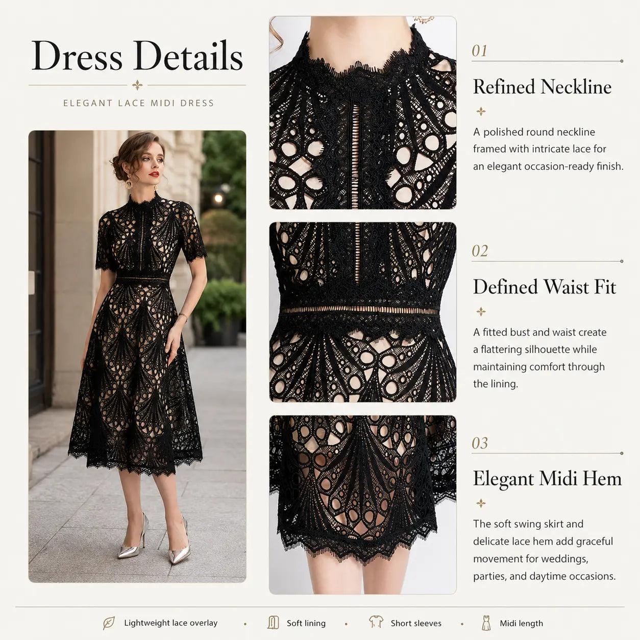 Women Lace Midi Dress – Short Sleeve Summer Wedding Guest Occasion Dress Oak & Aura summer dress Oak & Aura