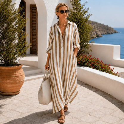 Women Casual Long Dress – V Neck Striped Shirt Dress for Summer Oak & Aura summer dress Oak & Aura