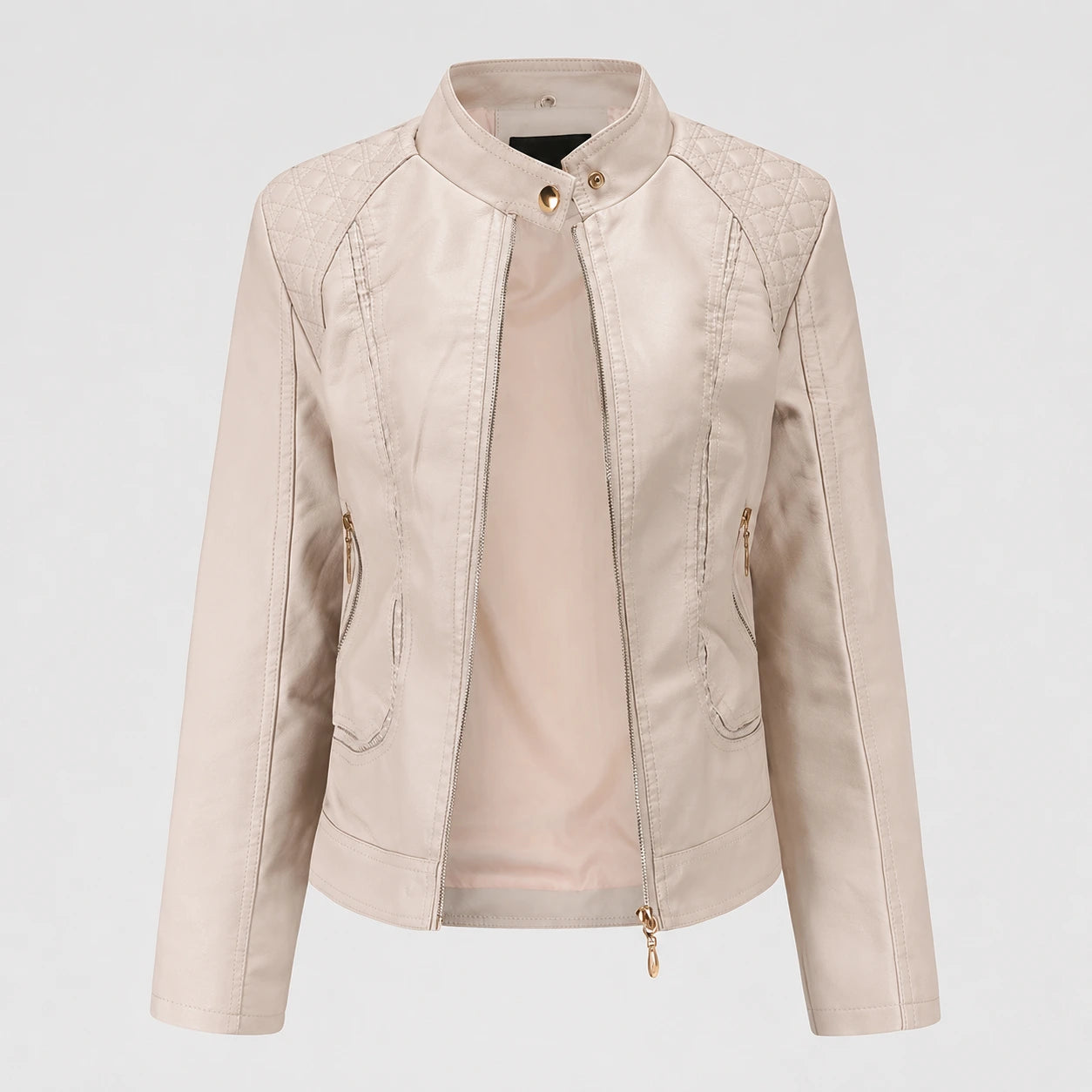 Women’s Faux Leather Moto Jacket – Studded Stand Collar Zip Up PU Jacket Oak & Aura 0 Oak & Aura