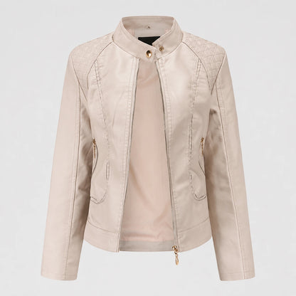Women’s Faux Leather Moto Jacket – Studded Stand Collar Zip Up PU Jacket Oak & Aura 0 Oak & Aura