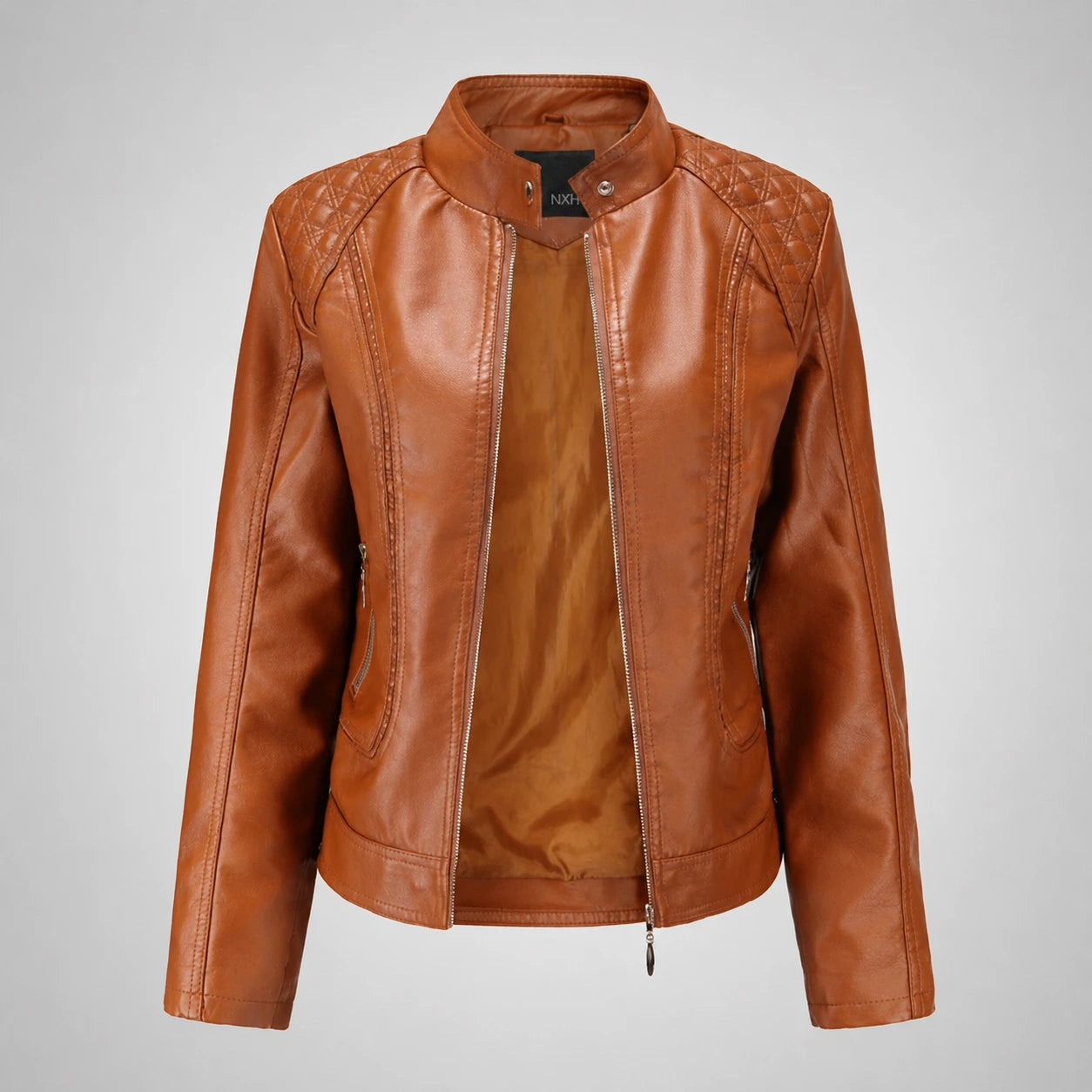 Women’s Faux Leather Moto Jacket – Studded Stand Collar Zip Up PU Jacket Oak & Aura 0 Oak & Aura