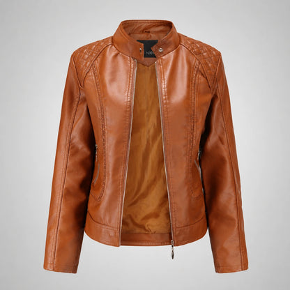 Women’s Faux Leather Moto Jacket – Studded Stand Collar Zip Up PU Jacket Oak & Aura 0 Oak & Aura