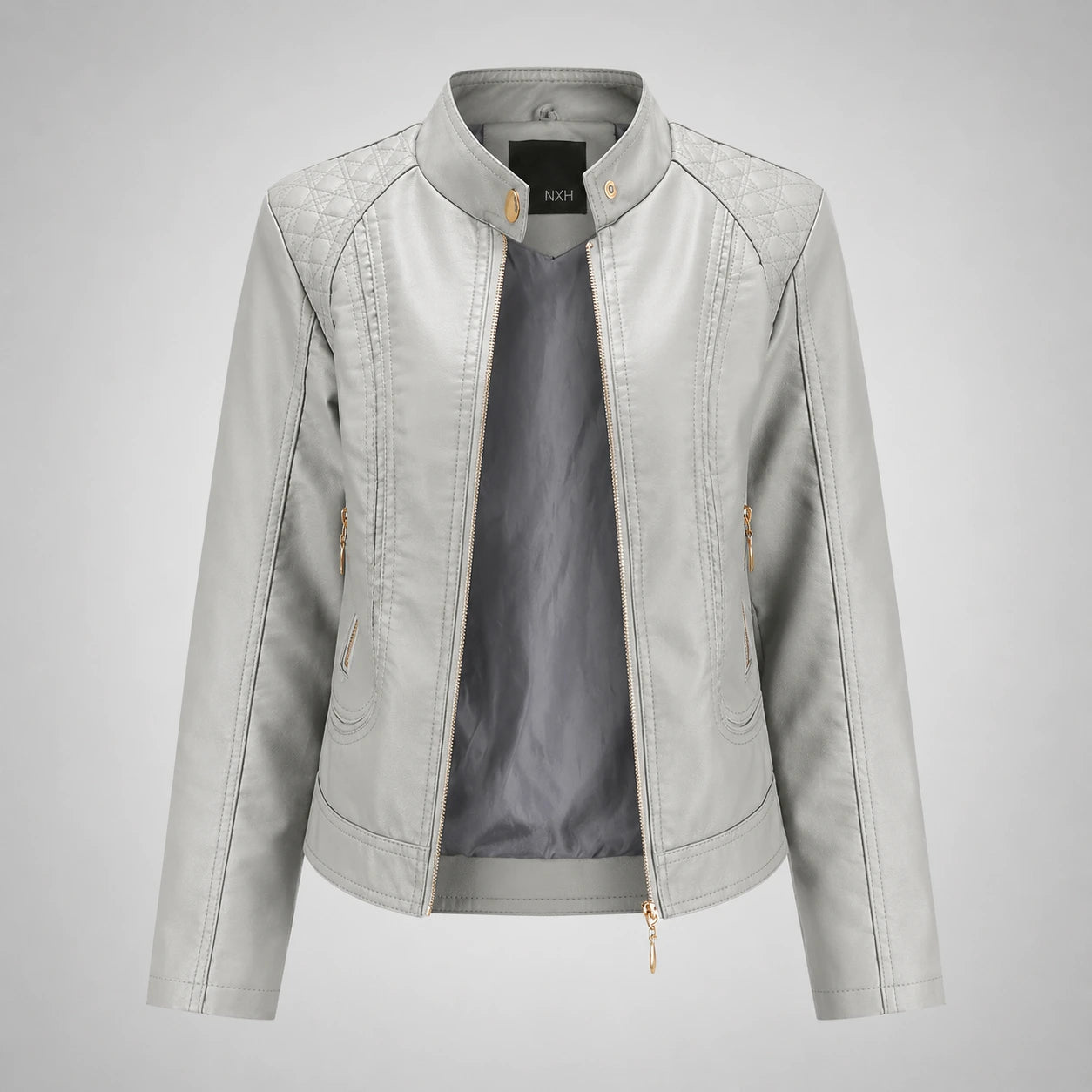 Women’s Faux Leather Moto Jacket – Studded Stand Collar Zip Up PU Jacket Oak & Aura 0 Oak & Aura
