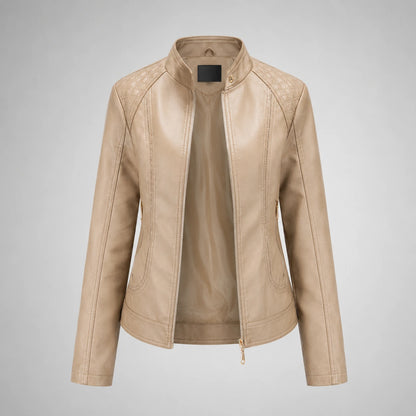 Women’s Faux Leather Moto Jacket – Studded Stand Collar Zip Up PU Jacket Oak & Aura 0 Oak & Aura