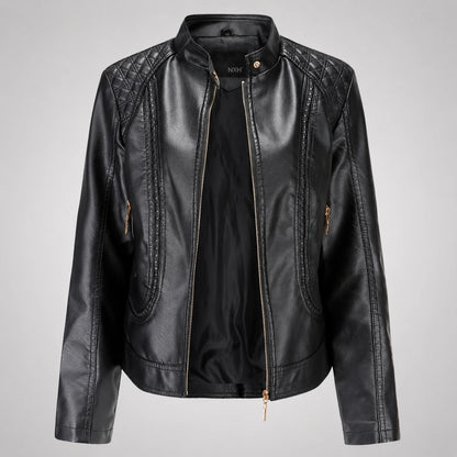 Women’s Faux Leather Moto Jacket – Studded Stand Collar Zip Up PU Jacket Oak & Aura 0 Oak & Aura