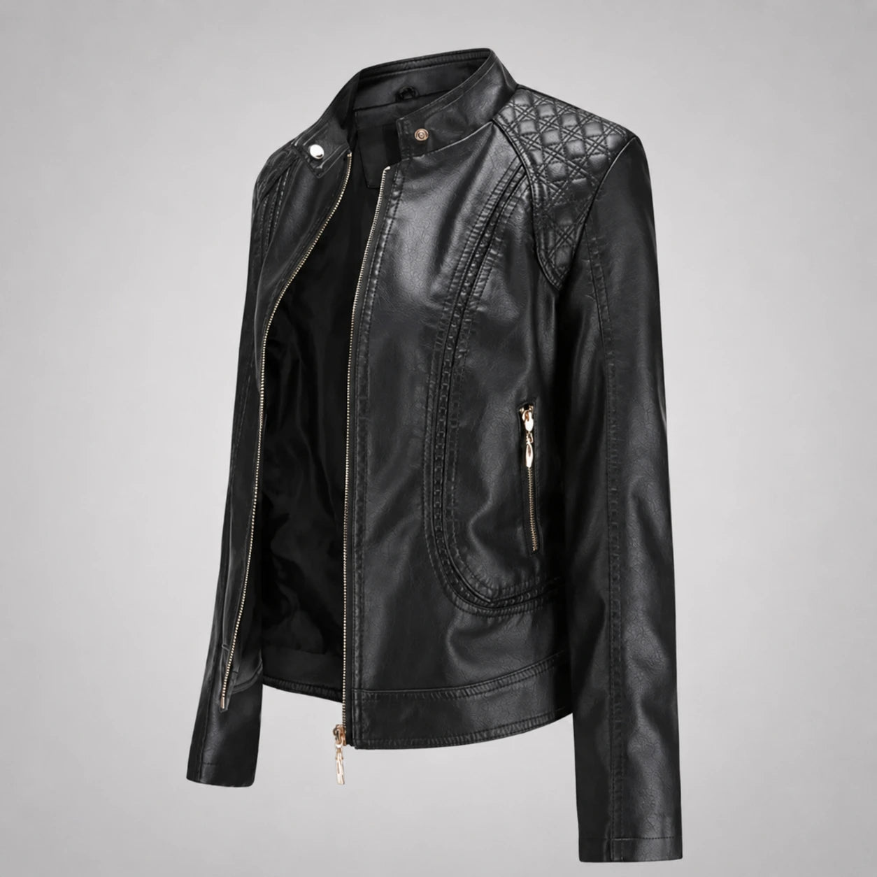 Women’s Faux Leather Moto Jacket – Studded Stand Collar Zip Up PU Jacket Oak & Aura 0 Oak & Aura