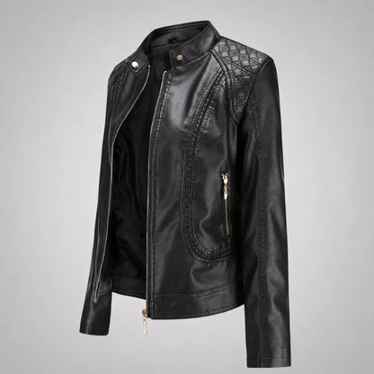 Women’s Faux Leather Moto Jacket – Studded Stand Collar Zip Up PU Jacket Oak & Aura 0 Oak & Aura