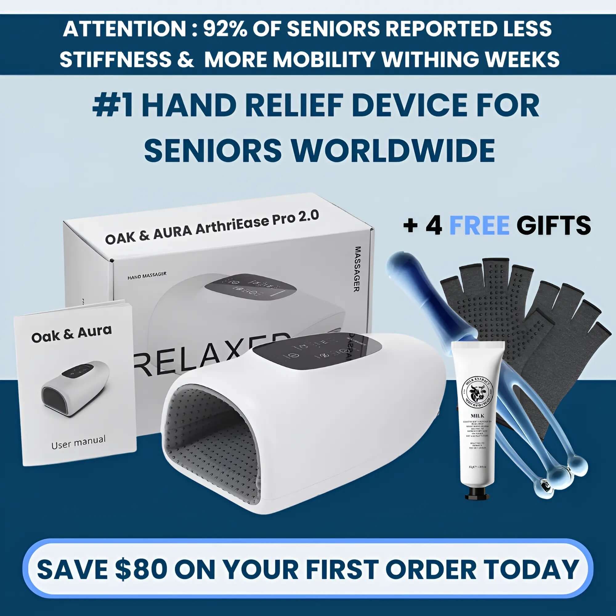 Hand relief device for seniors with packaging, accessories, and promotional text on a blue background