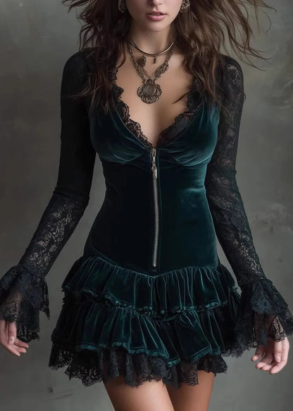 Velvet Mini Dress with V Neck and Lace Patchwork Details in French Green for Fall BB-ZS-WM-FDM260610 Spring Dresses Oak & Aura