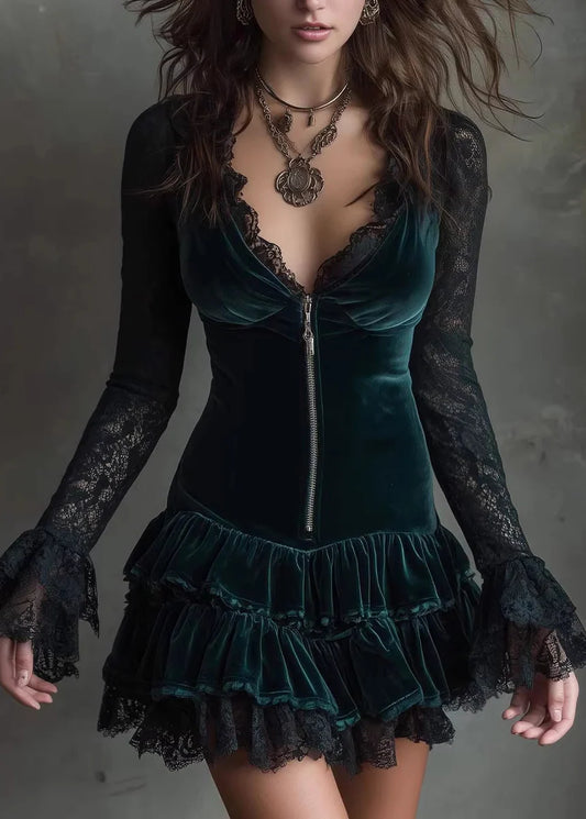 Velvet Mini Dress with V Neck and Lace Patchwork Details in French Green for Fall BB-ZS-WM-FDM260610 Spring Dresses Oak & Aura