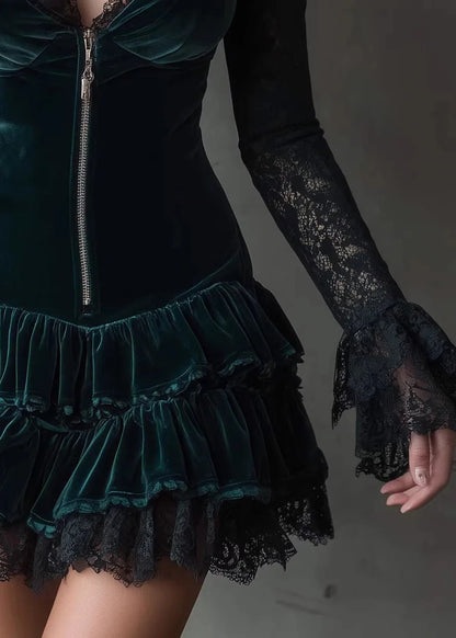 Velvet Mini Dress with V Neck and Lace Patchwork Details in French Green for Fall BB-ZS-WM-FDM260610 Spring Dresses Oak & Aura