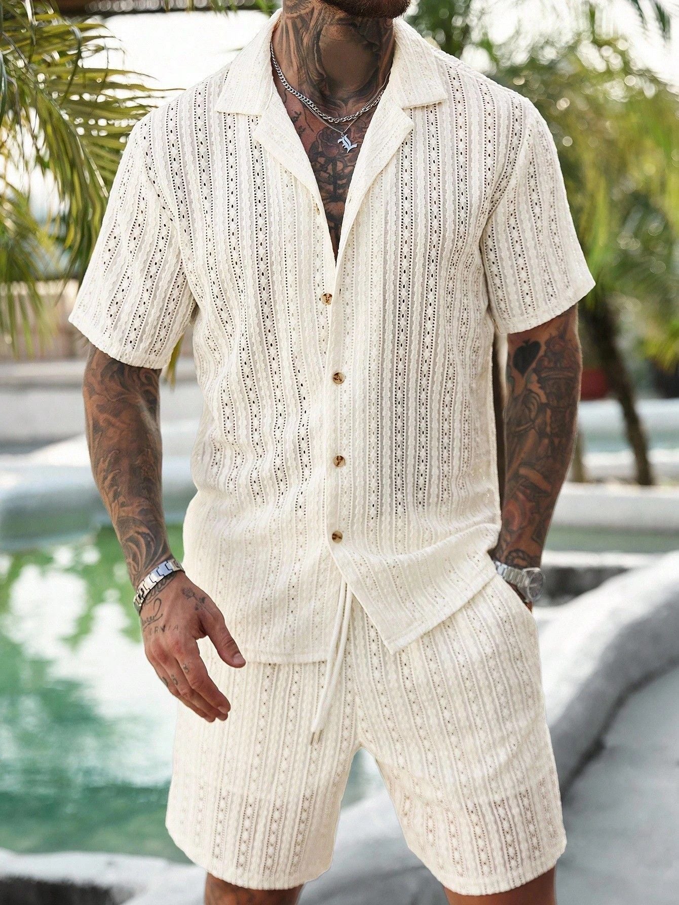 Men's Two-Piece Resort Set with Relaxed Fit and Hollow-Out Knit Design coofandy Sets Oak & Aura