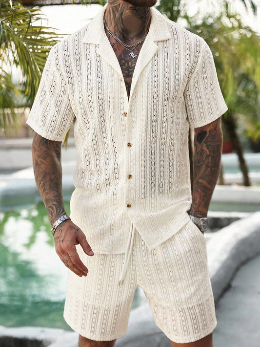 Men's Two-Piece Resort Set with Relaxed Fit and Hollow-Out Knit Design coofandy Sets Oak & Aura