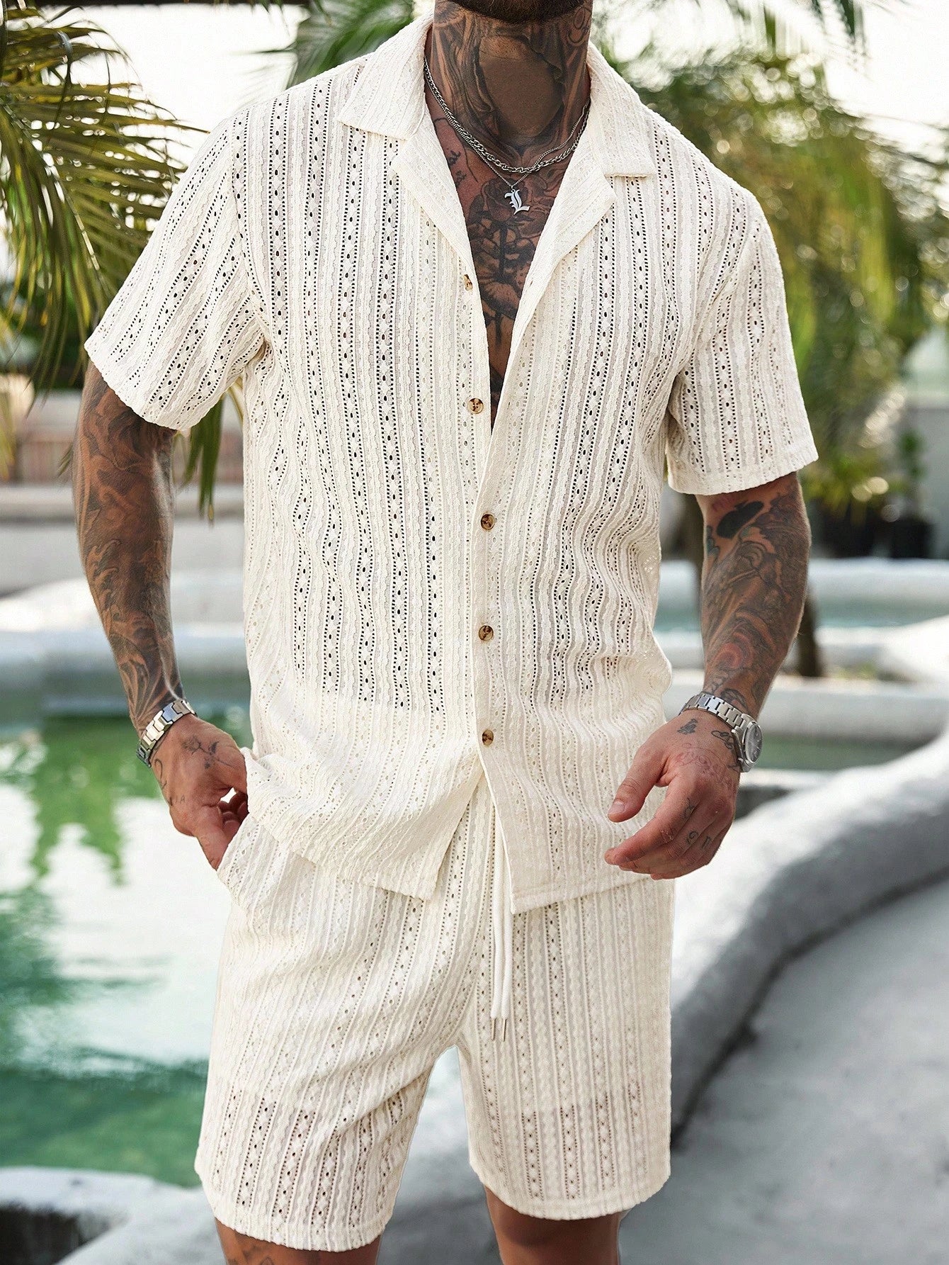 Men's Two-Piece Resort Set with Relaxed Fit and Hollow-Out Knit Design coofandy Sets Oak & Aura