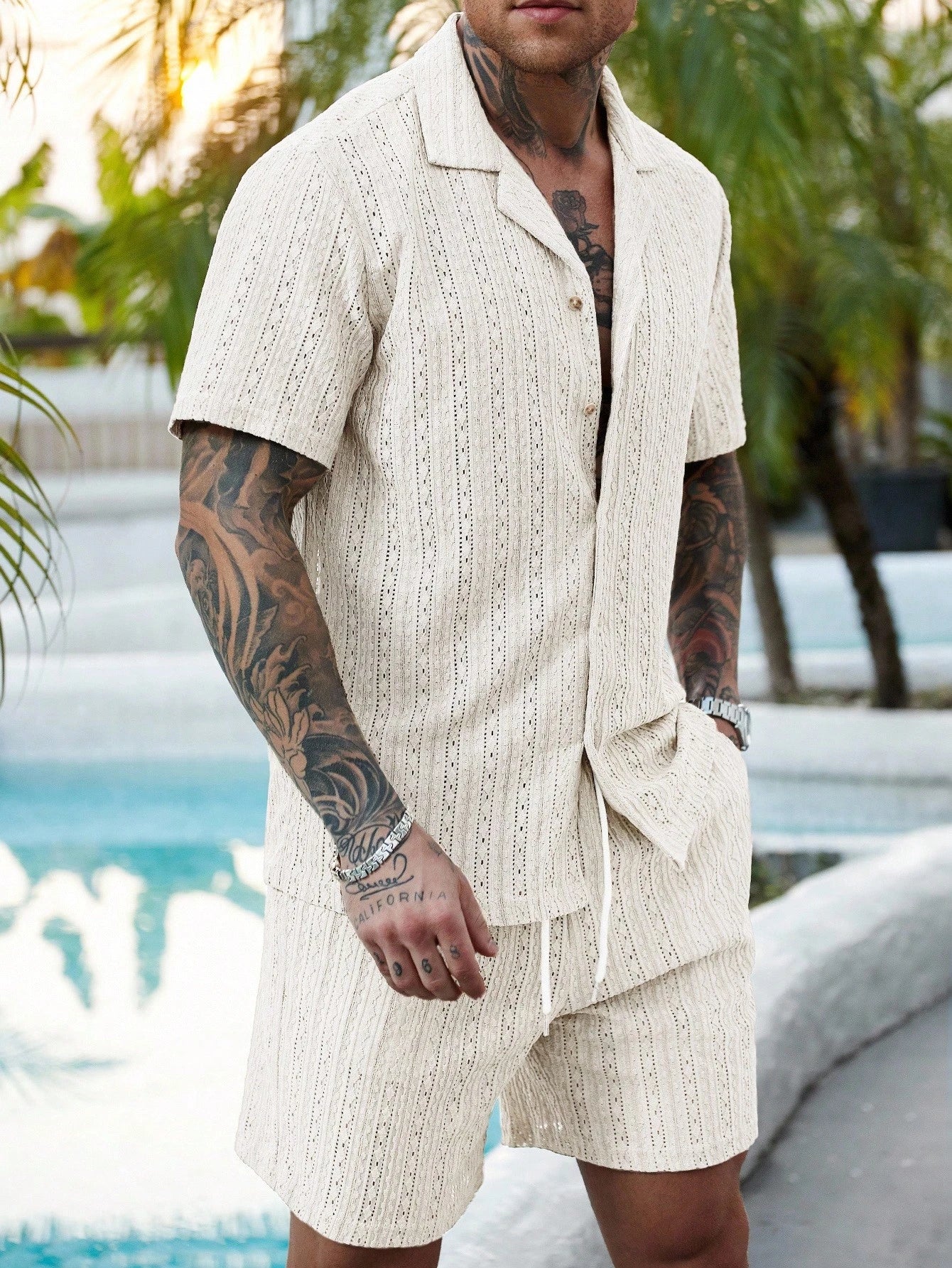 Men's Two-Piece Resort Set with Relaxed Fit and Hollow-Out Knit Design coofandy Sets Oak & Aura