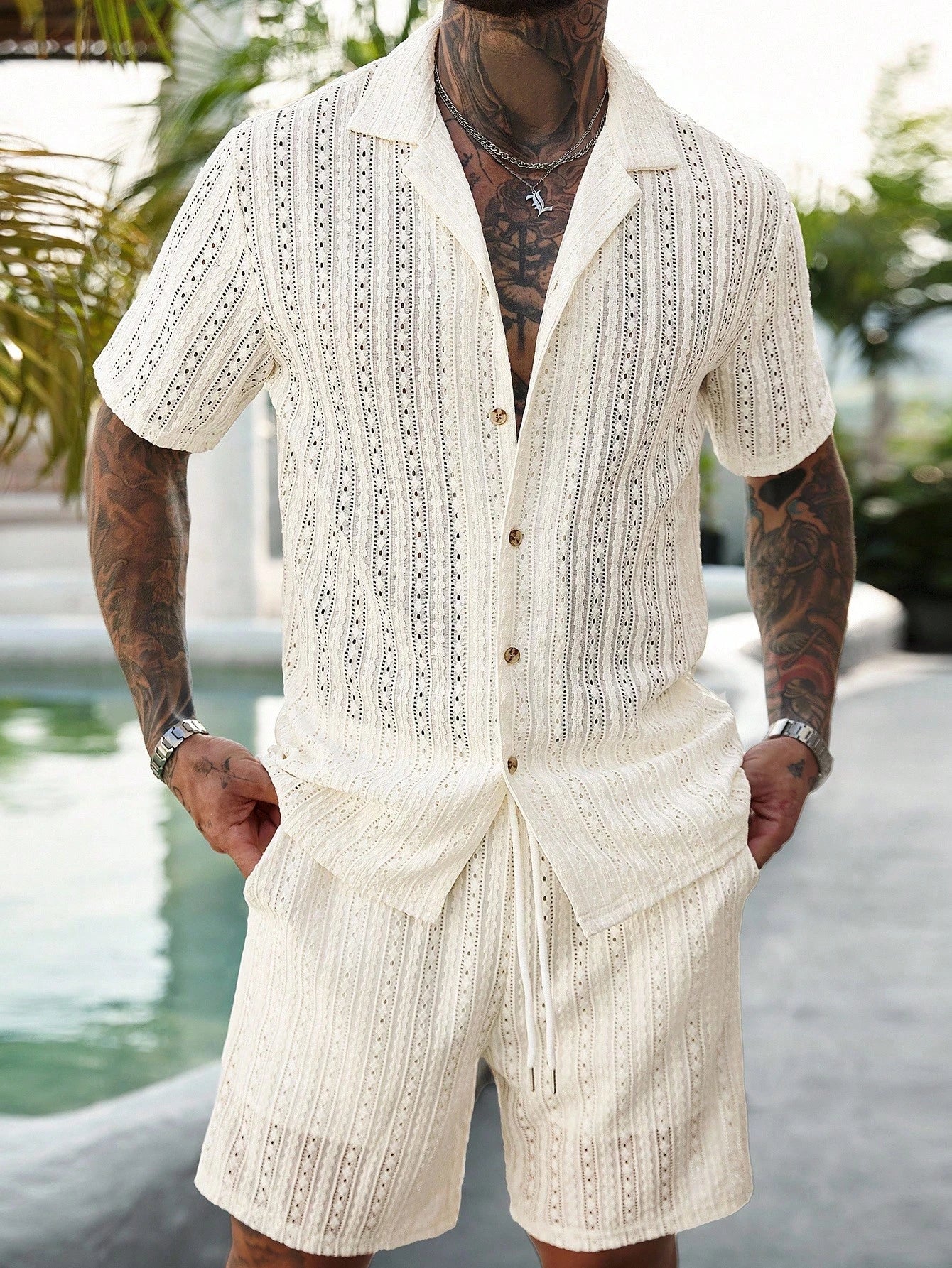 Men's Two-Piece Resort Set with Relaxed Fit and Hollow-Out Knit Design coofandy Sets Oak & Aura