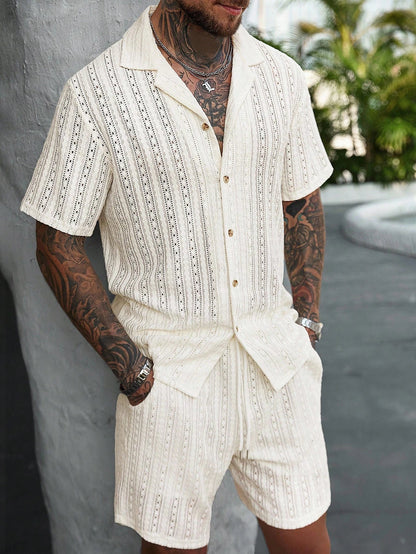 Men's Two-Piece Resort Set with Relaxed Fit and Hollow-Out Knit Design coofandy Sets Oak & Aura