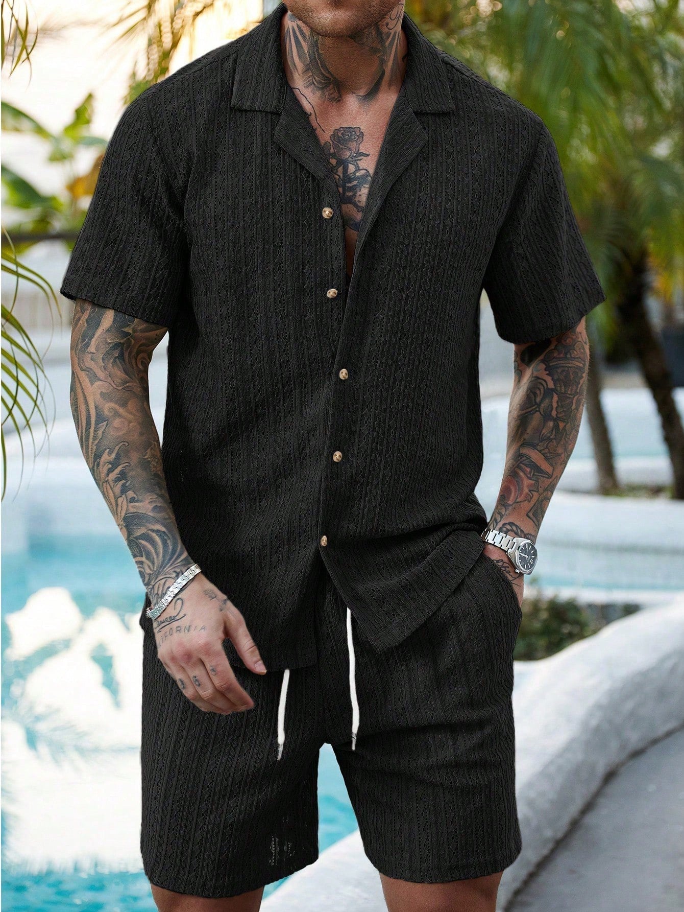 Men's Two-Piece Resort Set with Relaxed Fit and Hollow-Out Knit Design coofandy Sets Oak & Aura