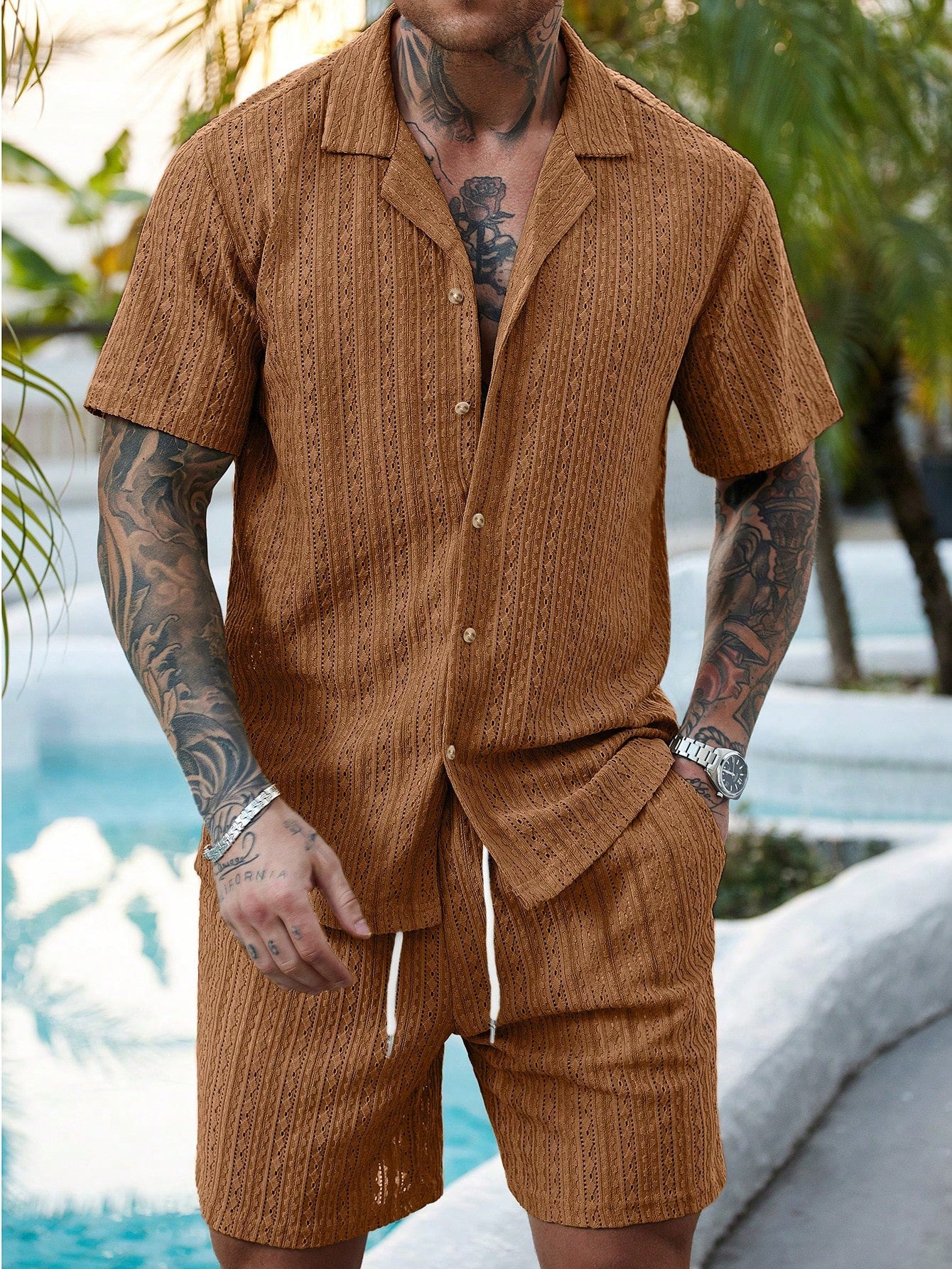 Men's Two-Piece Resort Set with Relaxed Fit and Hollow-Out Knit Design coofandy Sets Oak & Aura