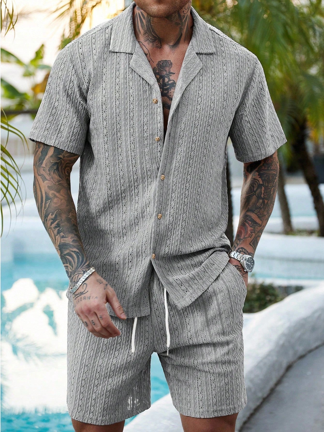 Men's Two-Piece Resort Set with Relaxed Fit and Hollow-Out Knit Design coofandy Sets Oak & Aura