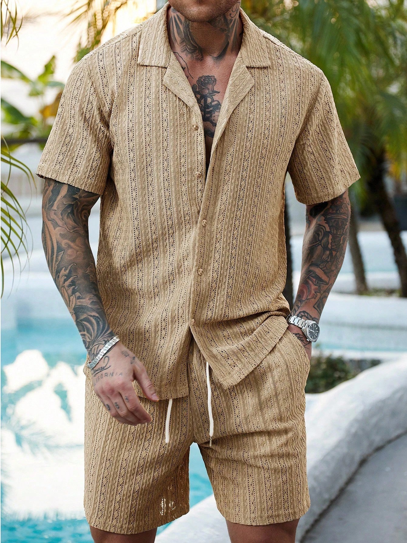Men's Two-Piece Resort Set with Relaxed Fit and Hollow-Out Knit Design coofandy Sets Oak & Aura