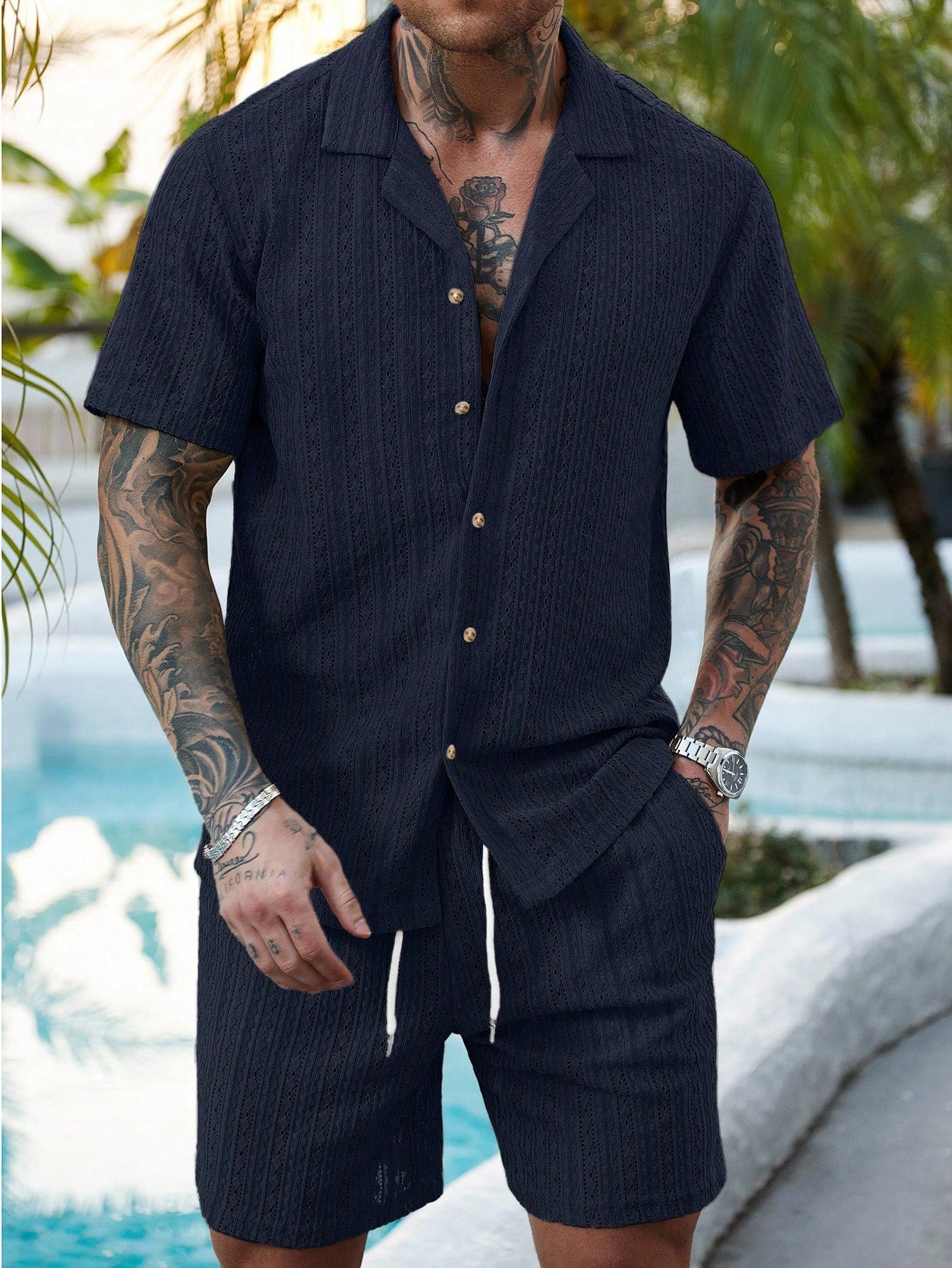 Men's Two-Piece Resort Set with Relaxed Fit and Hollow-Out Knit Design coofandy Sets Oak & Aura