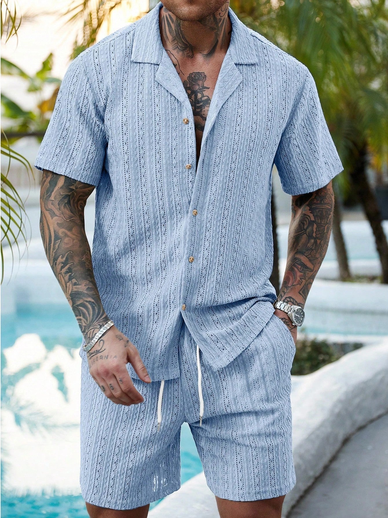 Men's Two-Piece Resort Set with Relaxed Fit and Hollow-Out Knit Design coofandy Sets Oak & Aura