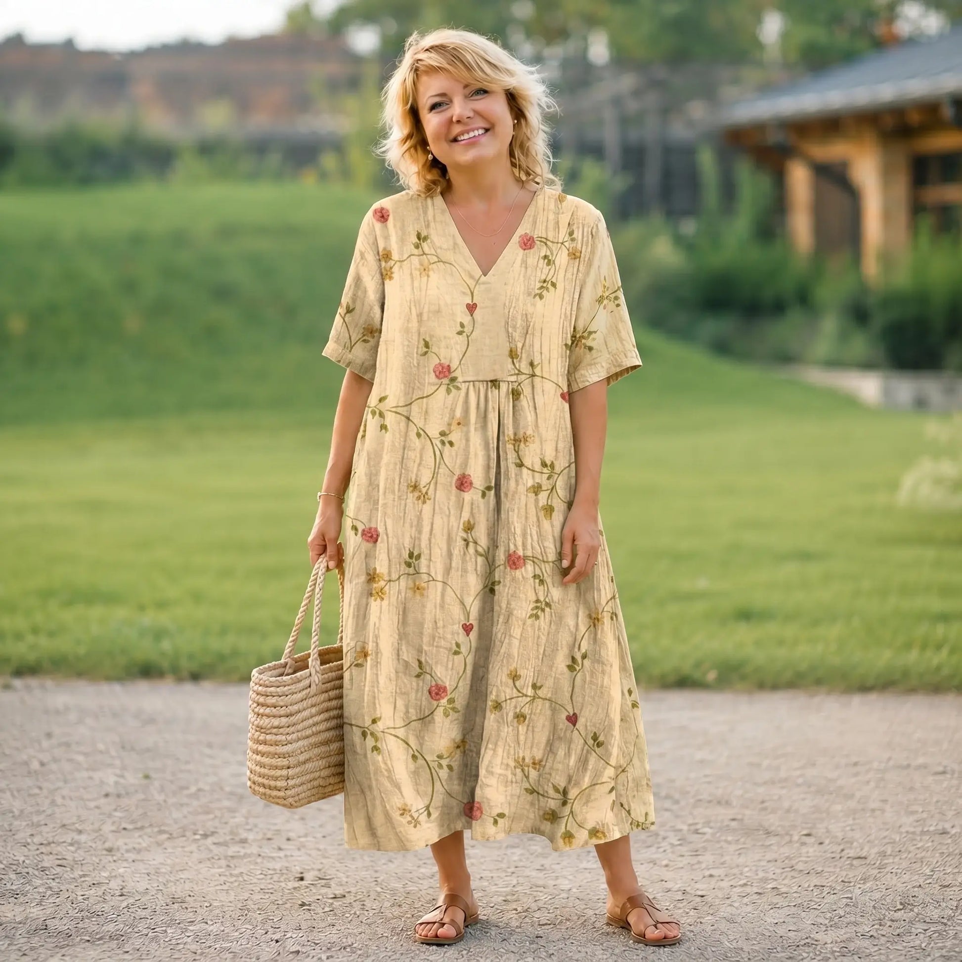 Women’s Floral Midi Dress – Elegant V-Neck Short Sleeve Summer Dress Oak & Aura OakAuraFashion Oak & Aura