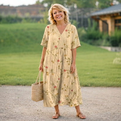Women’s Floral Midi Dress – Elegant V-Neck Short Sleeve Summer Dress Oak & Aura OakAuraFashion Oak & Aura
