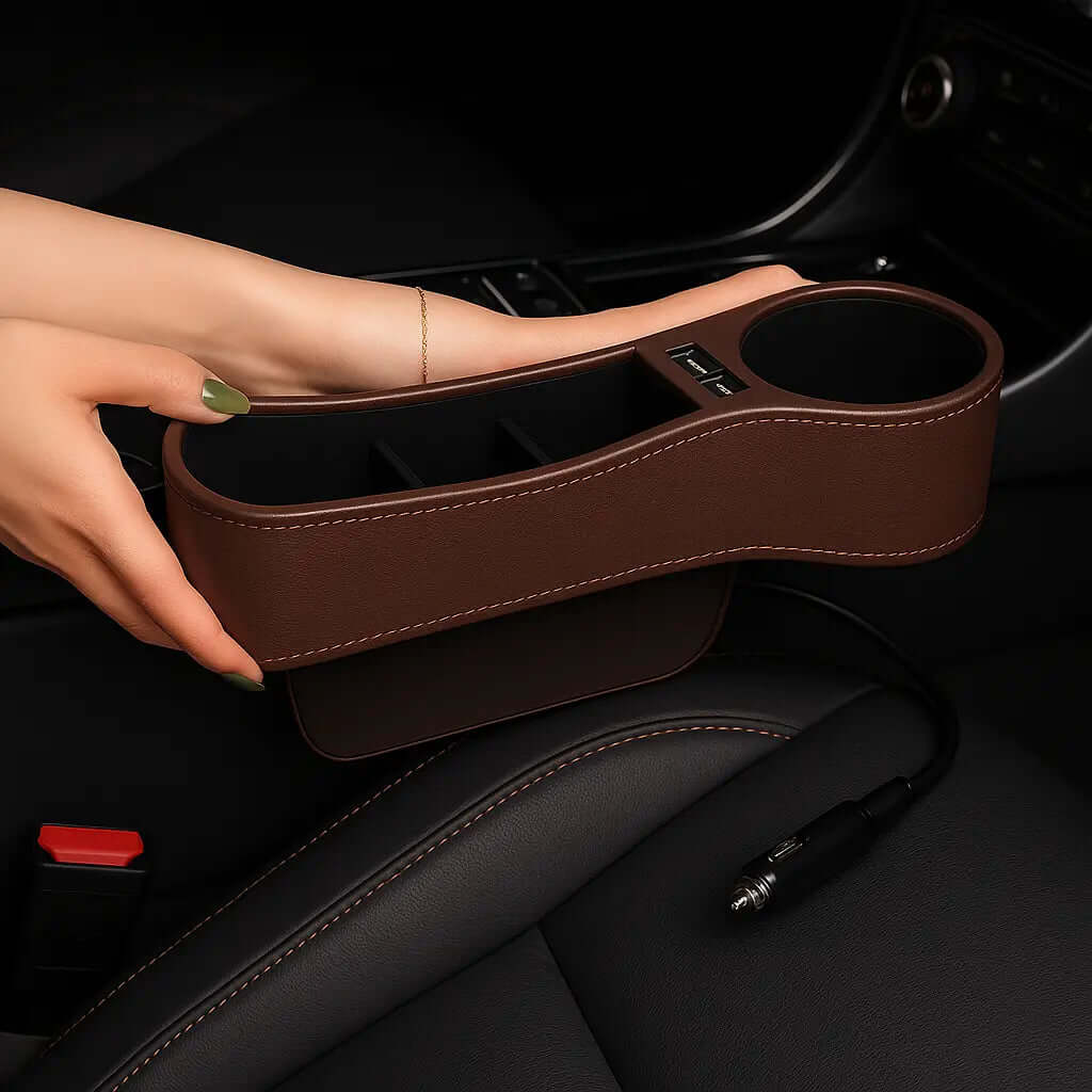 Car Seat Gap Filler Organizer with Dual USB Charger - Premium PU Leather Console Storage Box Set of 2 Universal Fit Oak & Aura 0 Oak & Aura
