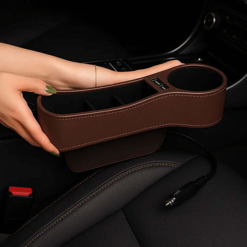 Car Seat Gap Filler Organizer with Dual USB Charger - Premium PU Leather Console Storage Box Set of 2 Universal Fit Oak & Aura 0 Oak & Aura