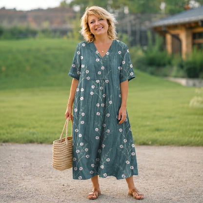 Women’s Floral Midi Dress – Elegant V-Neck Short Sleeve Summer Dress Oak & Aura OakAuraFashion Oak & Aura