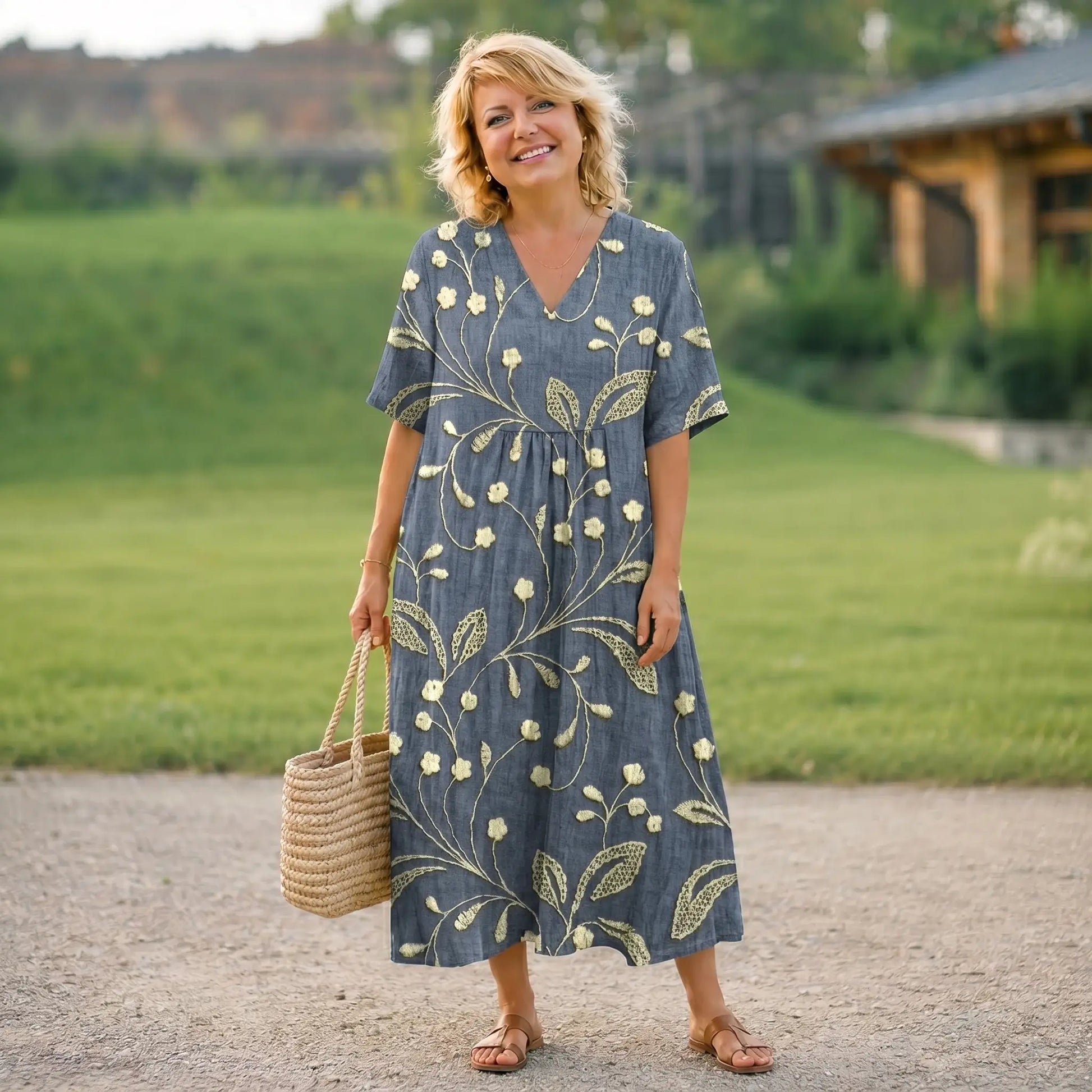 Women’s Floral Midi Dress – Elegant V-Neck Short Sleeve Summer Dress Oak & Aura OakAuraFashion Oak & Aura