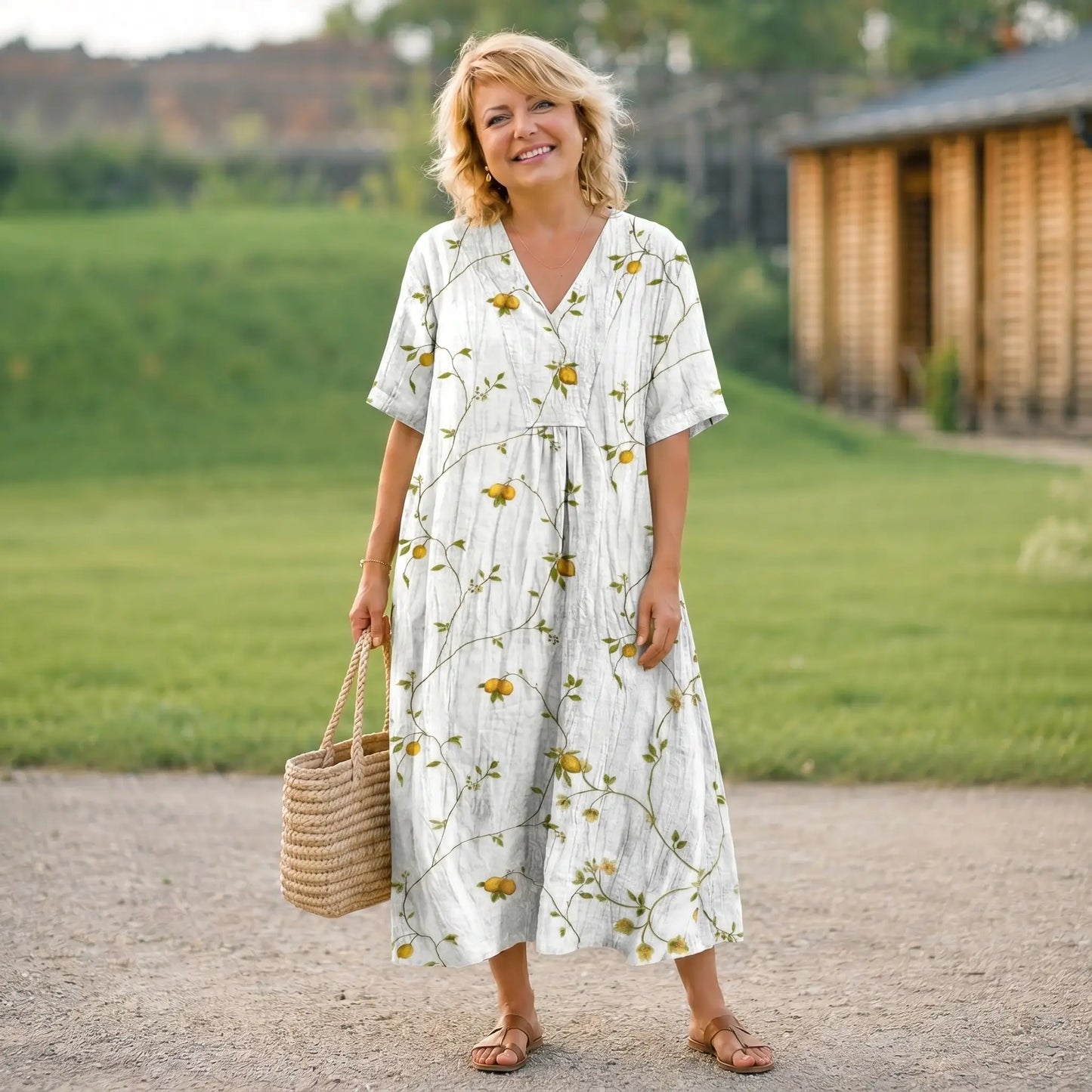 Women’s Floral Midi Dress – Elegant V-Neck Short Sleeve Summer Dress Oak & Aura OakAuraFashion Oak & Aura