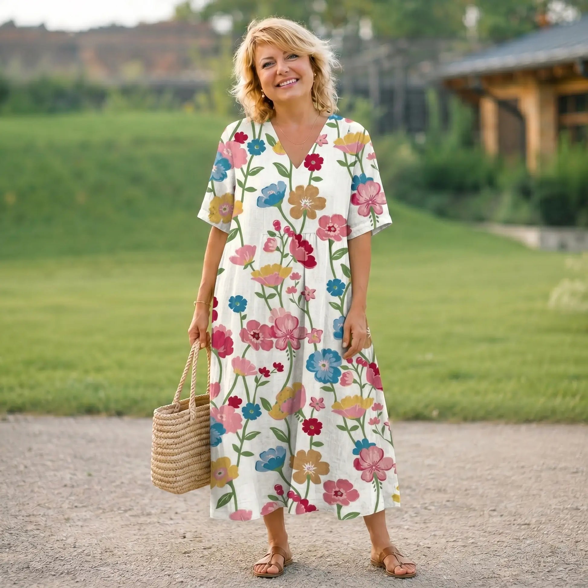 Women’s Floral Midi Dress – Elegant V-Neck Short Sleeve Summer Dress Oak & Aura OakAuraFashion Oak & Aura