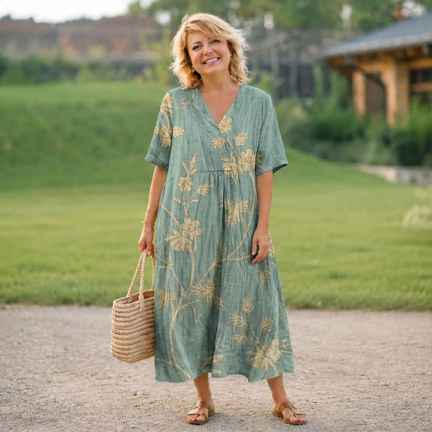 Women’s Floral Midi Dress – Elegant V-Neck Short Sleeve Summer Dress Oak & Aura OakAuraFashion Oak & Aura