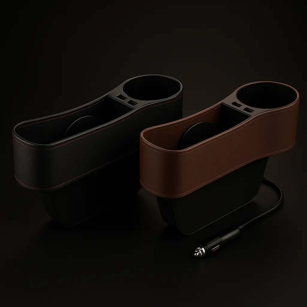 Car Seat Gap Filler Organizer with Dual USB Charger - Premium PU Leather Console Storage Box Set of 2 Universal Fit Oak & Aura 0 Oak & Aura