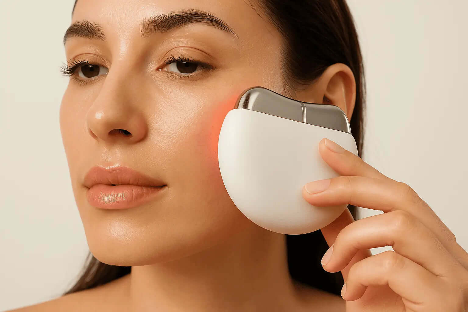 Real woman using facial massage device for lymphatic drainage