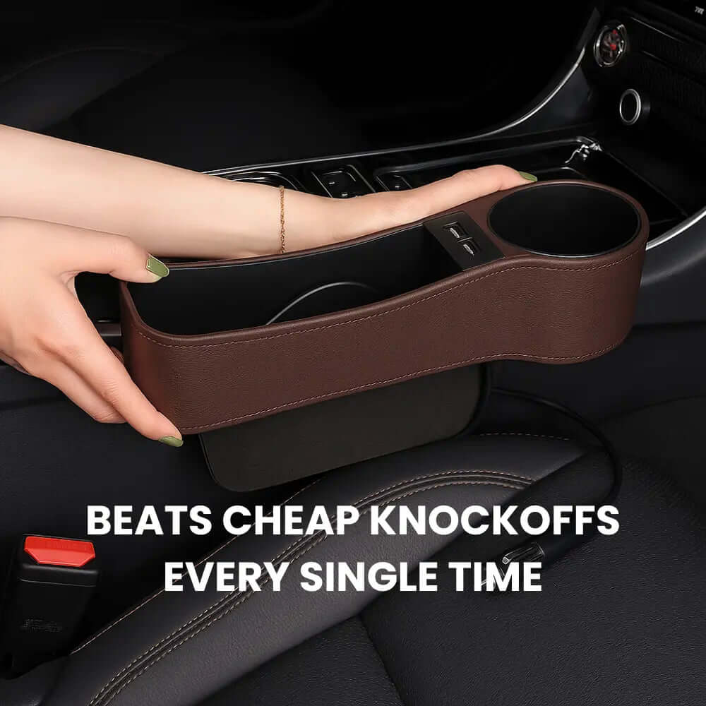 Car Seat Gap Filler Organizer with Dual USB Charger - Premium PU Leather Console Storage Box Set of 2 Universal Fit Oak & Aura 0 Oak & Aura